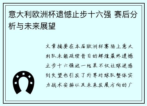 意大利欧洲杯遗憾止步十六强 赛后分析与未来展望 意大利欧洲杯遗憾止步十六强 赛后分析与未来展望