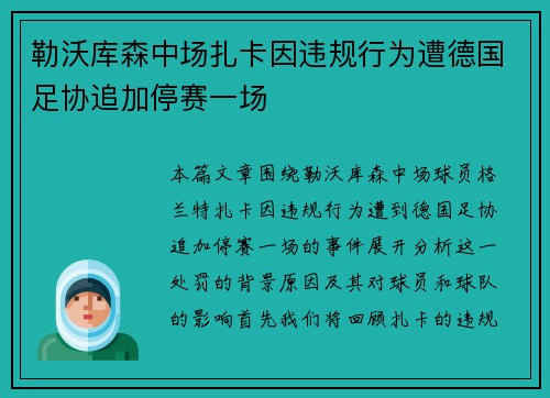 勒沃库森中场扎卡因违规行为遭德国足协追加停赛一场