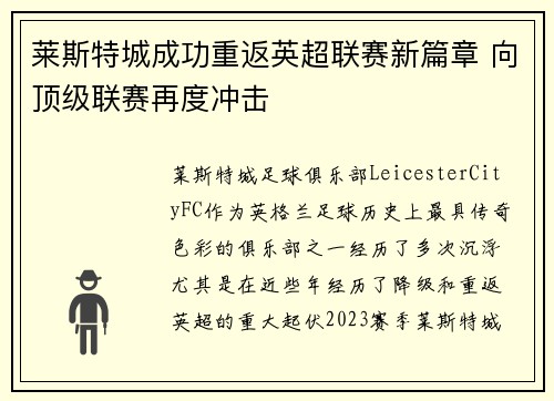 莱斯特城成功重返英超联赛新篇章 向顶级联赛再度冲击